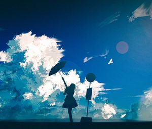 Preview wallpaper silhouette, girl, umbrella, clouds, art