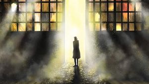 Preview wallpaper silhouette, glow, passage, art