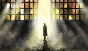 Preview wallpaper silhouette, glow, passage, art