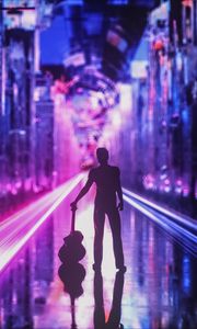 Preview wallpaper silhouette, guitar, guitarist, art, city lights, neon
