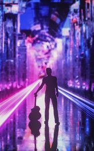 Preview wallpaper silhouette, guitar, guitarist, art, city lights, neon