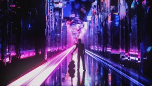 Preview wallpaper silhouette, guitar, guitarist, art, city lights, neon