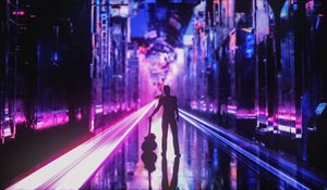 Preview wallpaper silhouette, guitar, guitarist, art, city lights, neon