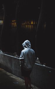 Preview wallpaper silhouette, hood, dark, pavement, architecture, columns