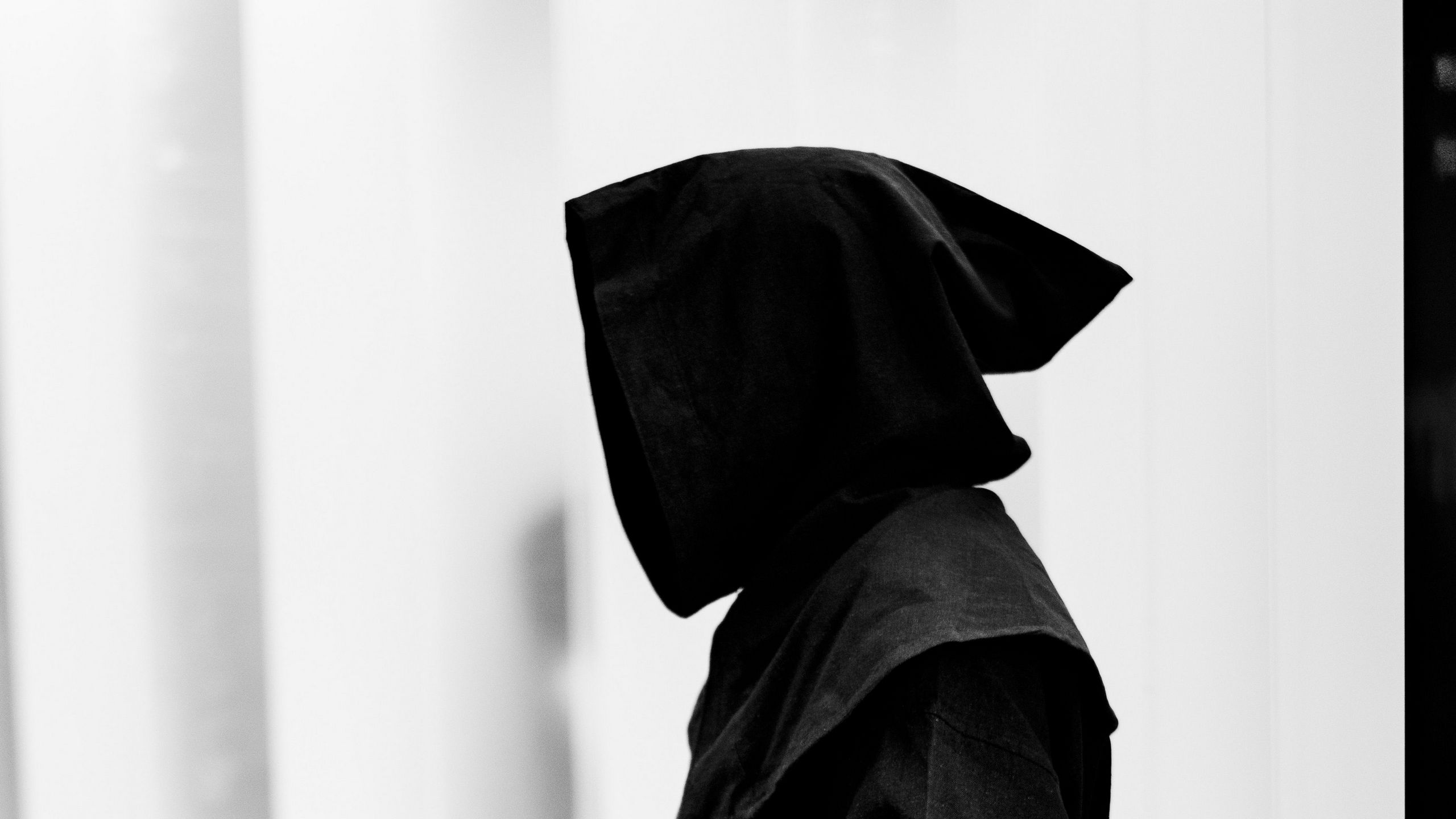 Download wallpaper 2560x1440 silhouette, hood, fabric, black and white ...