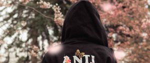 Preview wallpaper silhouette, hoodie, inscription, print, sakura