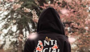 Preview wallpaper silhouette, hoodie, inscription, print, sakura