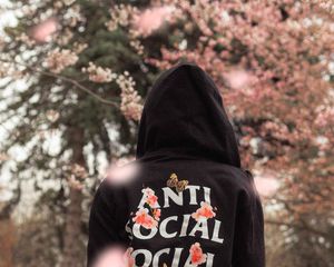 Preview wallpaper silhouette, hoodie, inscription, print, sakura