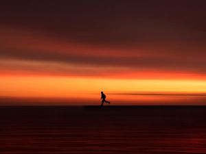 Preview wallpaper silhouette, horizon, running, twilight, sunset, red