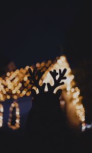 Preview wallpaper silhouette, horns, dark, house, lights, bokeh