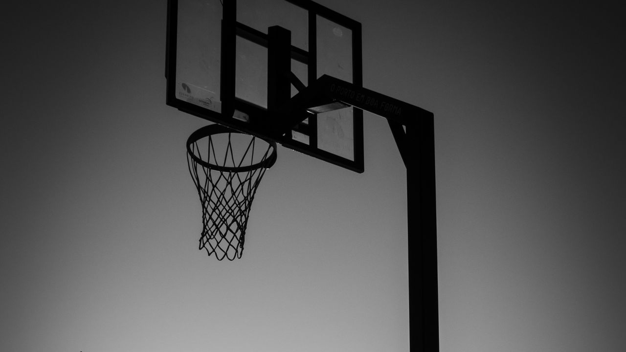 Wallpaper silhouette, jump, ball, basketball, sport, black and white