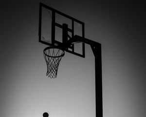 Preview wallpaper silhouette, jump, ball, basketball, sport, black and white