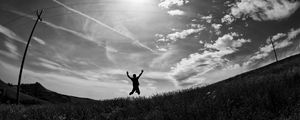 Preview wallpaper silhouette, jump, bw, field, freedom, sky