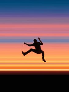 Preview wallpaper silhouette, jump, dark, stripes, colorful, background