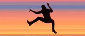 Preview wallpaper silhouette, jump, dark, stripes, colorful, background