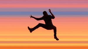 Preview wallpaper silhouette, jump, dark, stripes, colorful, background