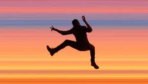 Preview wallpaper silhouette, jump, dark, stripes, colorful, background