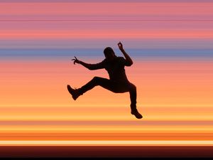 Preview wallpaper silhouette, jump, dark, stripes, colorful, background