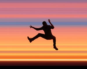 Preview wallpaper silhouette, jump, dark, stripes, colorful, background