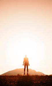Preview wallpaper silhouette, jump, sunlight, bright, sunset