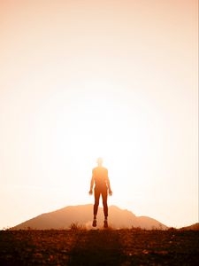 Preview wallpaper silhouette, jump, sunlight, bright, sunset