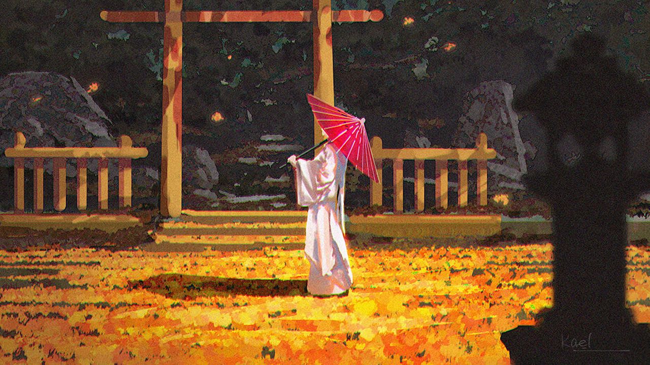 Wallpaper silhouette, kimono, umbrella, gate, architecture, art, japan