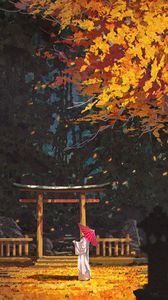 Preview wallpaper silhouette, kimono, umbrella, gate, architecture, art, japan