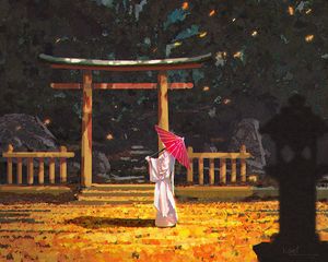 Preview wallpaper silhouette, kimono, umbrella, gate, architecture, art, japan