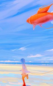 Preview wallpaper silhouette, kite, fish, sea, shore, art