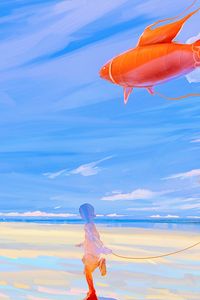 Preview wallpaper silhouette, kite, fish, sea, shore, art