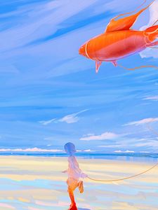 Preview wallpaper silhouette, kite, fish, sea, shore, art