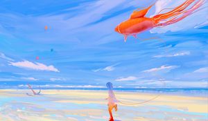 Preview wallpaper silhouette, kite, fish, sea, shore, art