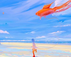 Preview wallpaper silhouette, kite, fish, sea, shore, art