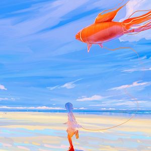 Preview wallpaper silhouette, kite, fish, sea, shore, art