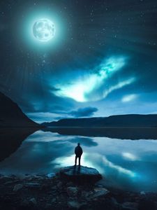 Preview wallpaper silhouette, lake, night, loneliness, moon, moonlight