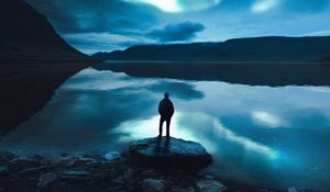 Preview wallpaper silhouette, lake, night, loneliness, moon, moonlight