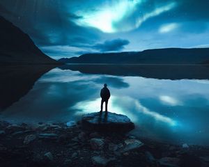Preview wallpaper silhouette, lake, night, loneliness, moon, moonlight