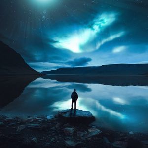 Preview wallpaper silhouette, lake, night, loneliness, moon, moonlight