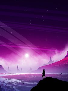 Preview wallpaper silhouette, landscape, art, river, rocks, fog, night