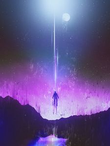 Preview wallpaper silhouette, levitation, glitch, mountains, night