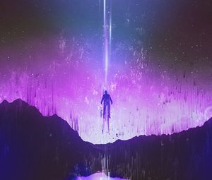 Preview wallpaper silhouette, levitation, glitch, mountains, night