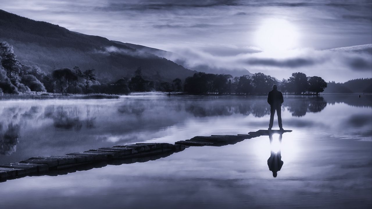 Wallpaper silhouette, loneliness, lake, fog