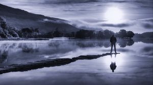 Preview wallpaper silhouette, loneliness, lake, fog