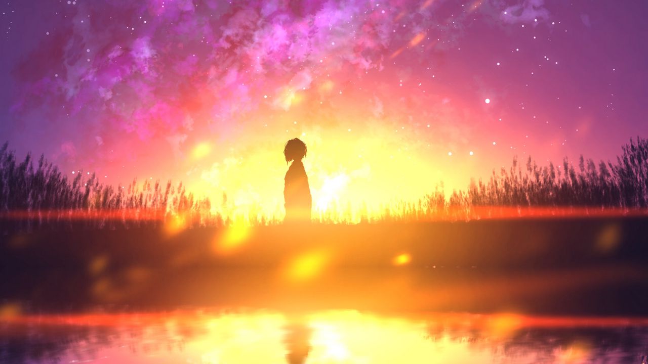 Wallpaper silhouette, loneliness, reflection, light, sunset, anime