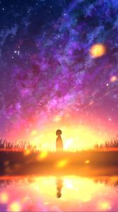 Preview wallpaper silhouette, loneliness, reflection, light, sunset, anime