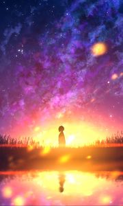 Preview wallpaper silhouette, loneliness, reflection, light, sunset, anime