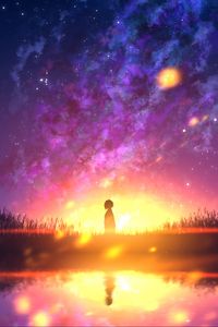 Preview wallpaper silhouette, loneliness, reflection, light, sunset, anime