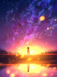Preview wallpaper silhouette, loneliness, reflection, light, sunset, anime