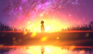 Preview wallpaper silhouette, loneliness, reflection, light, sunset, anime