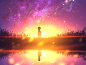 Preview wallpaper silhouette, loneliness, reflection, light, sunset, anime